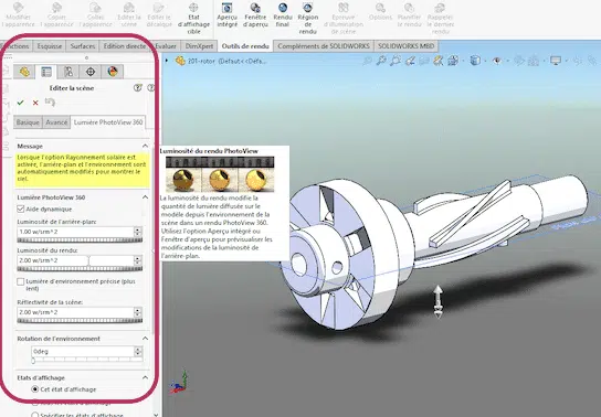 réglage des lumières solidworks