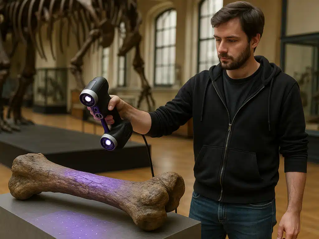 Numérisation 3D d’un fossile de dinosaure dans un laboratoire de conservation